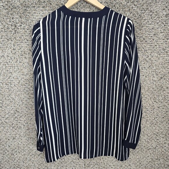 Vince Camuto‎ Top Womens Small Navy Blue Striped Split Neck Semi Sheer Blouse - Picture 7 of 7